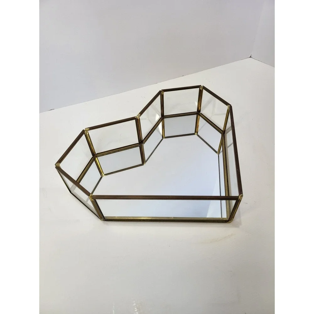 Rachel Roy Heart Shaped Glass Mirror Vanity Tray Gold Tone Metal Jewelry Dish